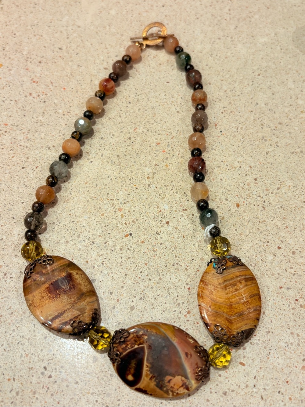 Handmade Earth Tones Agate Slabs Statement Necklace Brown & Amber Faceted Beads